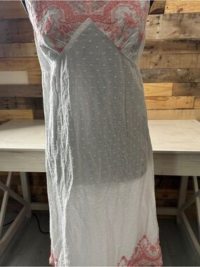 Embroidered Midi Dress in White with Coral Trim
